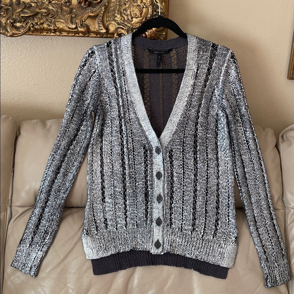 BCBGMaxAzria Metallic Silver Reyes Slate Gray Cardigan Sweater